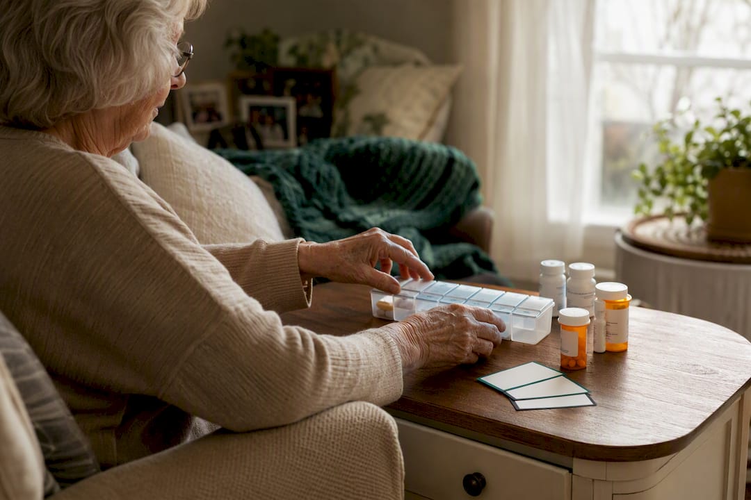 Senior organizing medications and Medicare cards