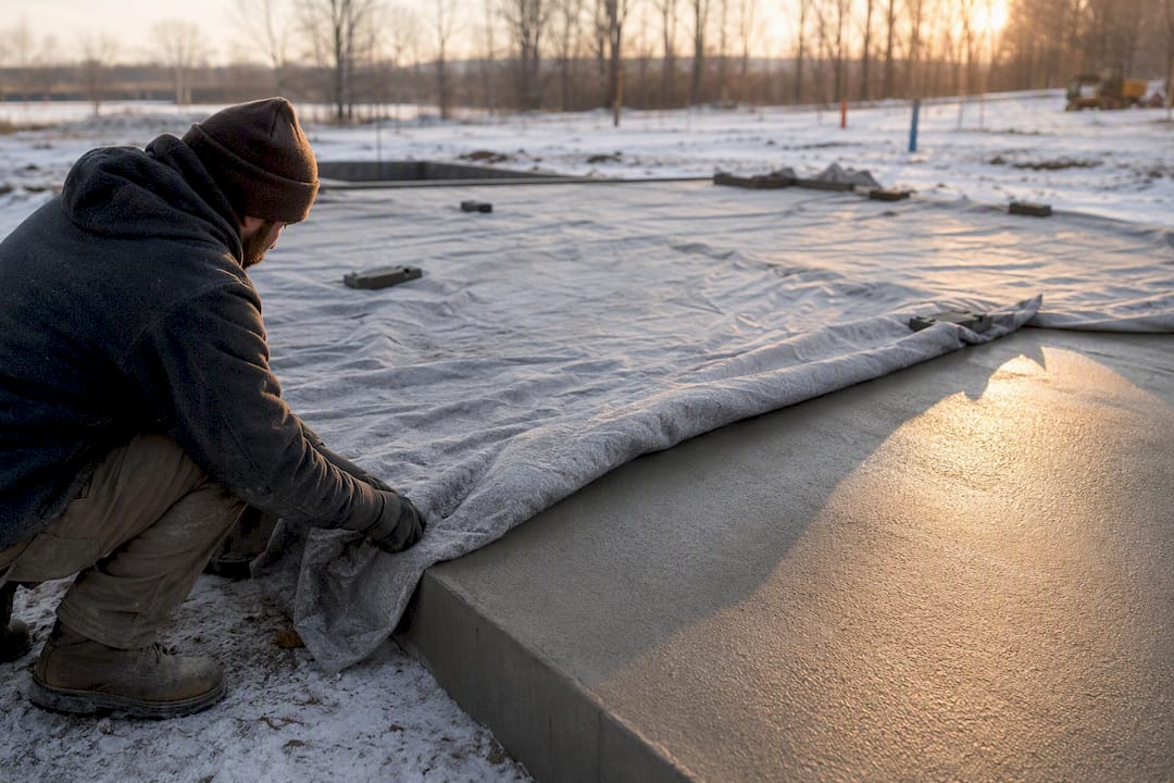 Hands adjusting membrane curing blanket on concrete