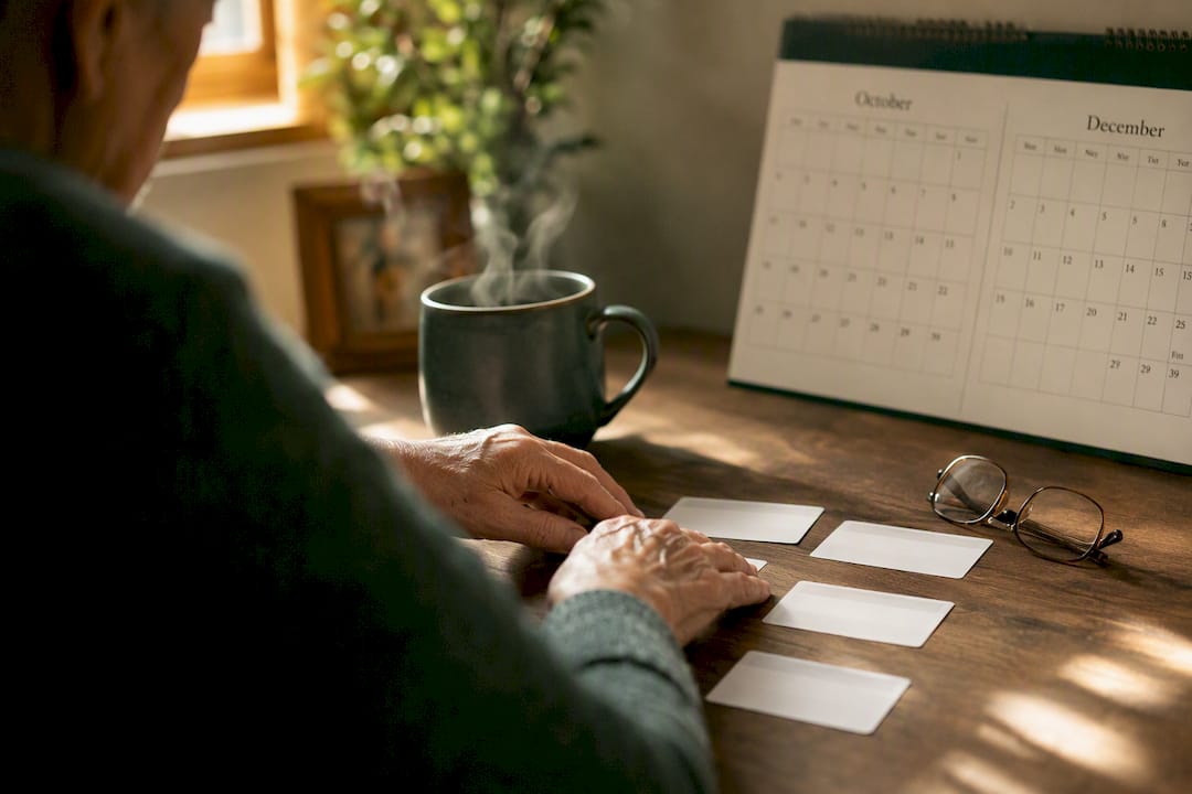 Senior's hands with Medicare cards and calendar