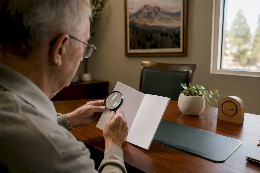 Hands inspecting Medicare booklets in local insurance office