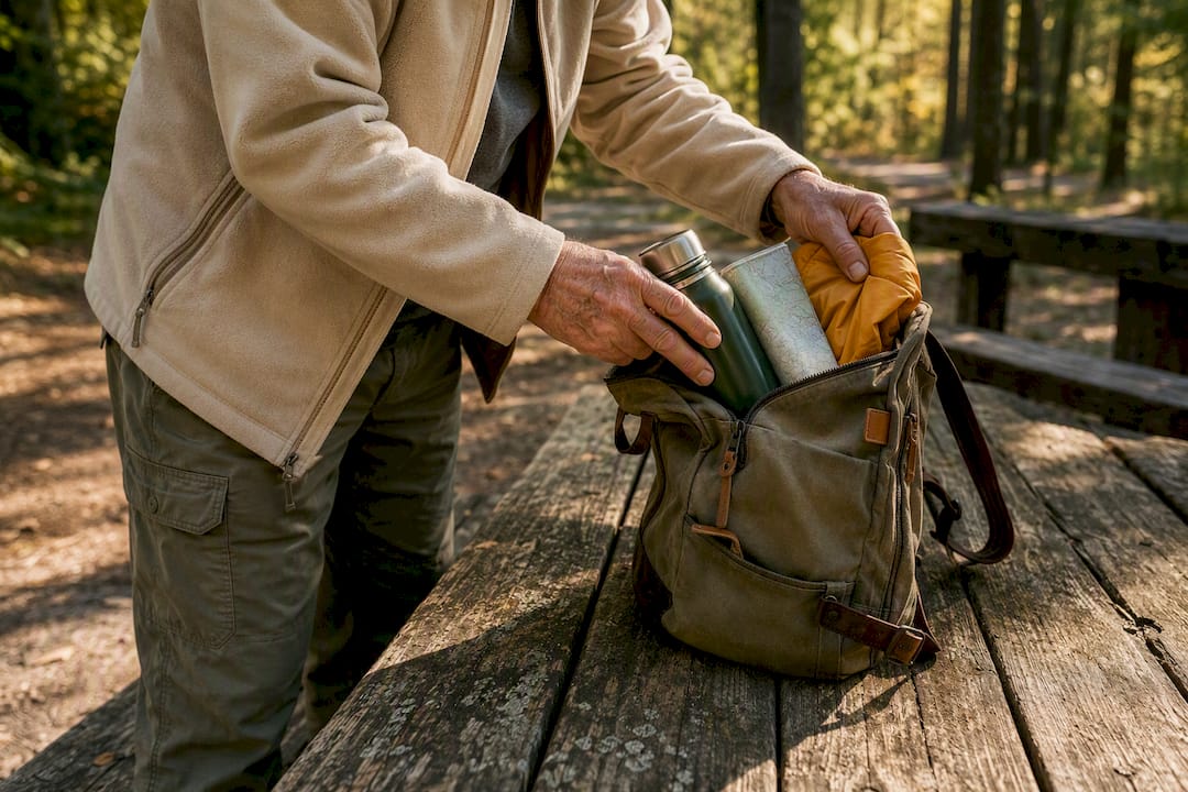 Hands packing travel bag at trailhead