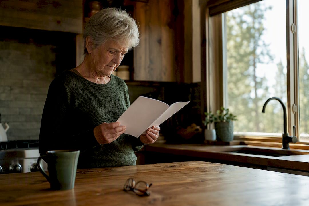 Senior reading Medicare booklet at home
