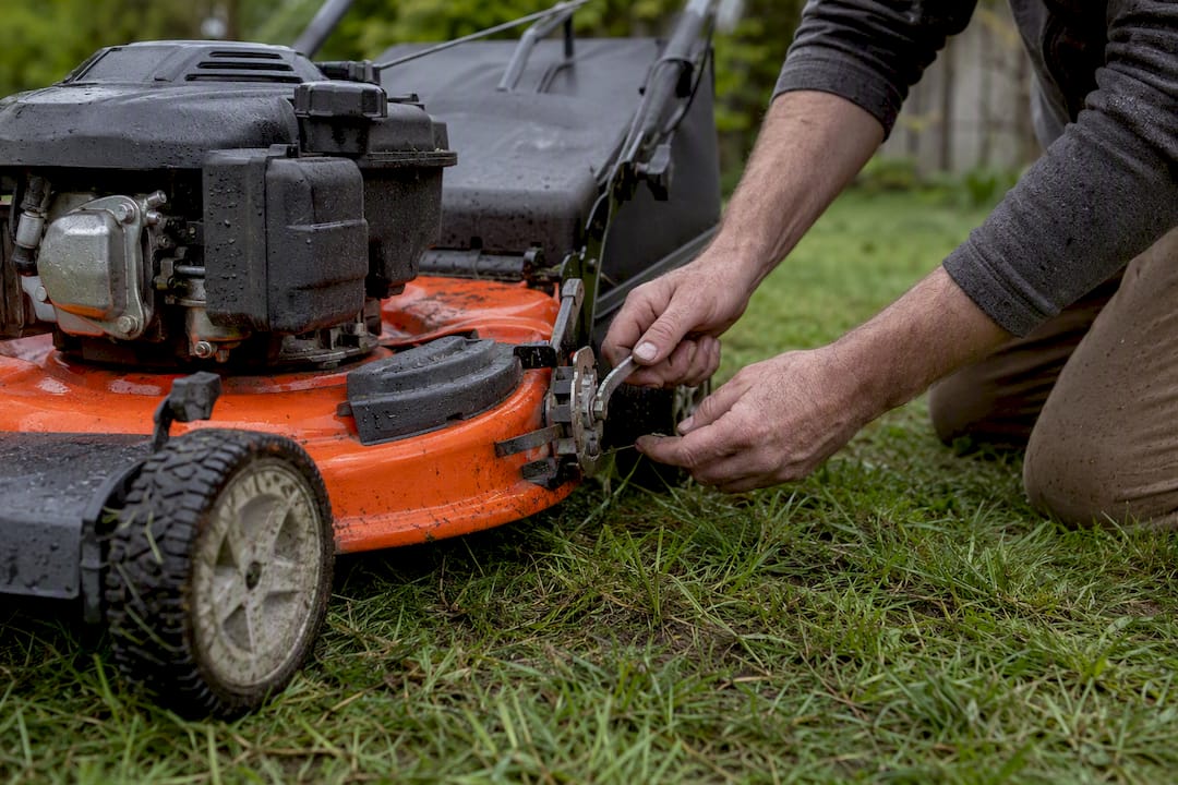 Hand adjusting mower deck on wet lawn