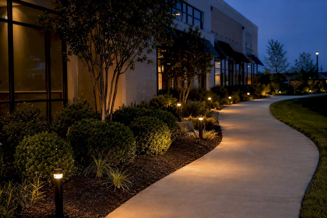 Evenly lit commercial path with low-voltage lights