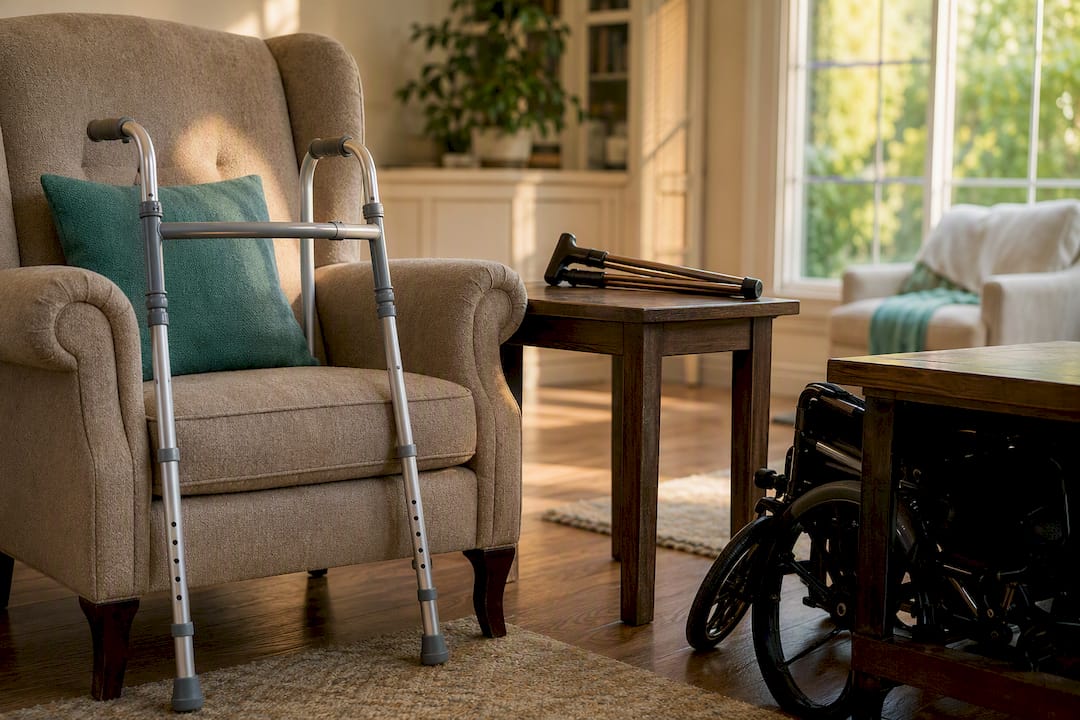 Walkers, cane, wheelchair in home