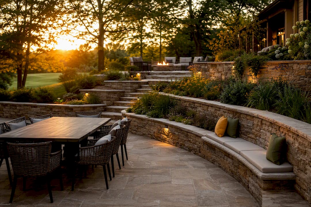 Terraced backyard with dining and fire pit seating areas