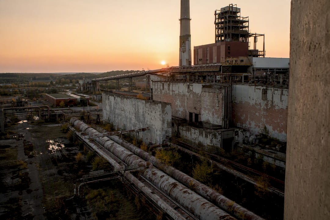 Close-up of aging industrial power plant infrastructure
