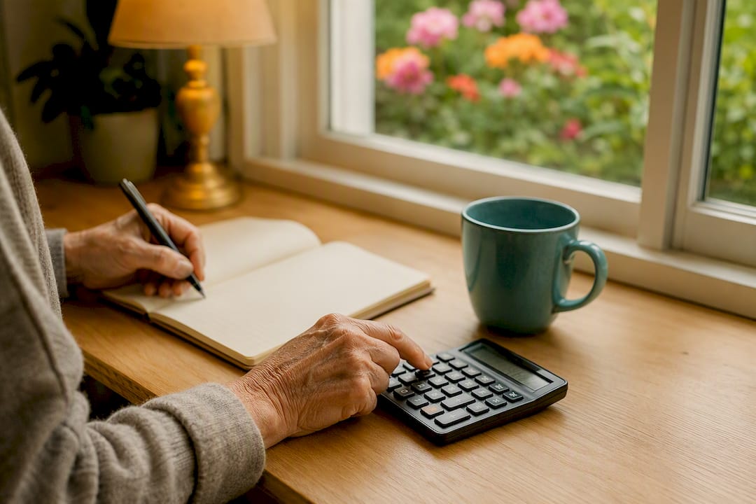 Senior hands calculating finances indoors