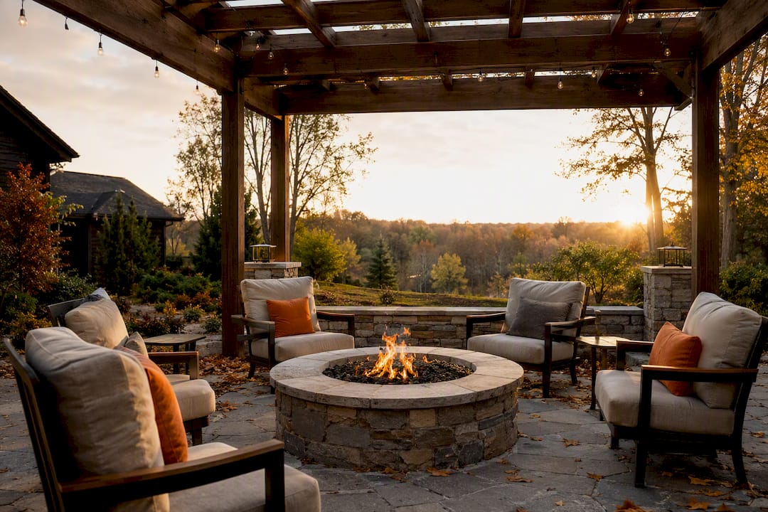 Fire pit under pergola showing vertical clearance