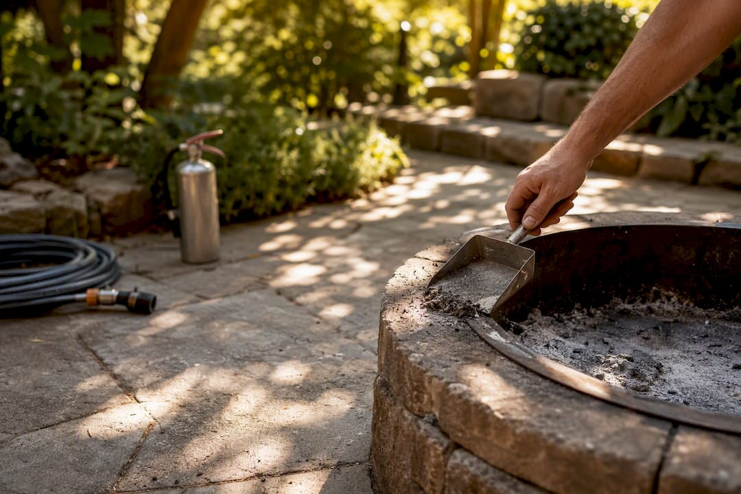 Hand scooping ashes from fire pit edge