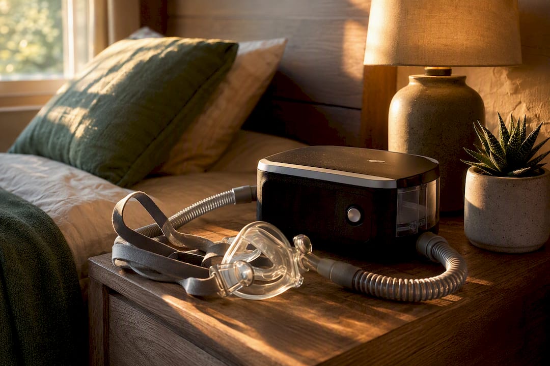 CPAP machine and mask on bedside table