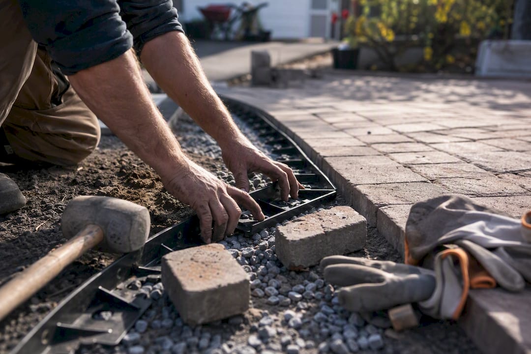 Hands setting edge restraints on driveway pavers