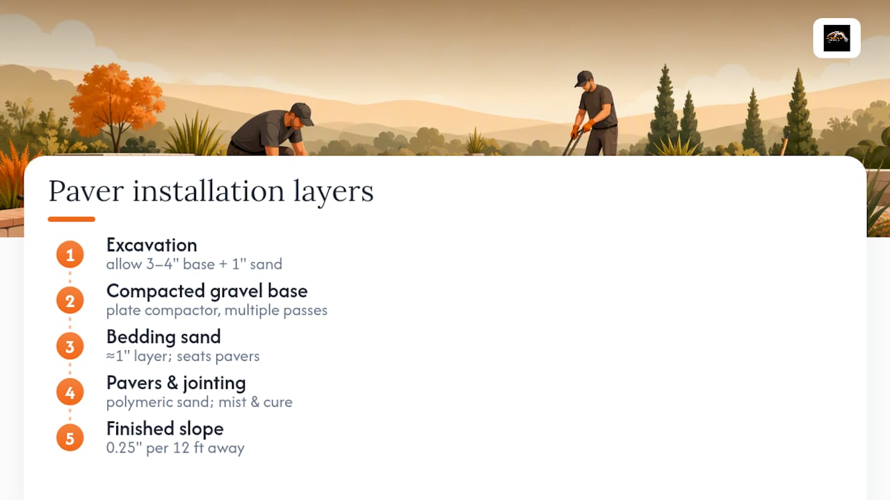Diagram of paver base layers with slope and joint sand details
