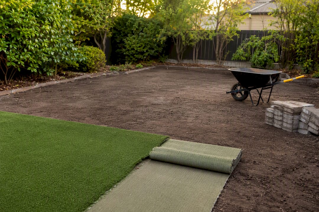 Graded soil and artificial turf installation in yard