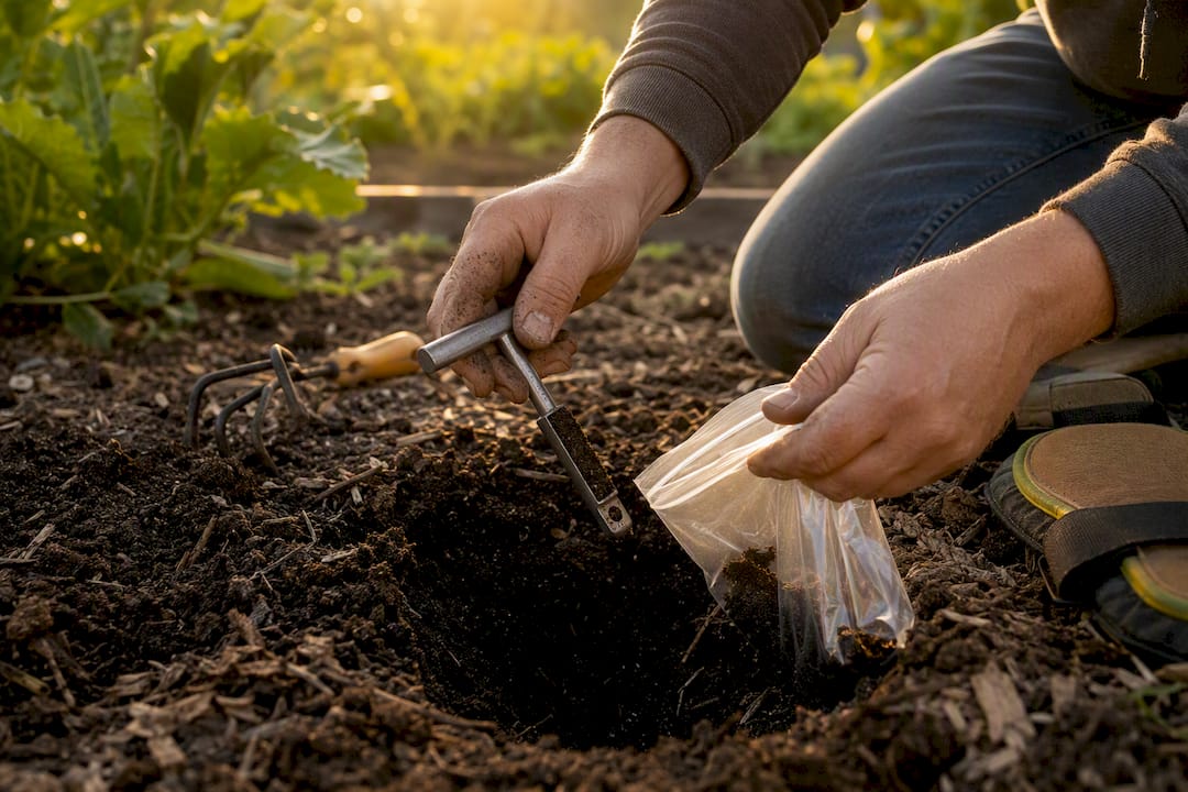Hands conducting soil test in garden bed