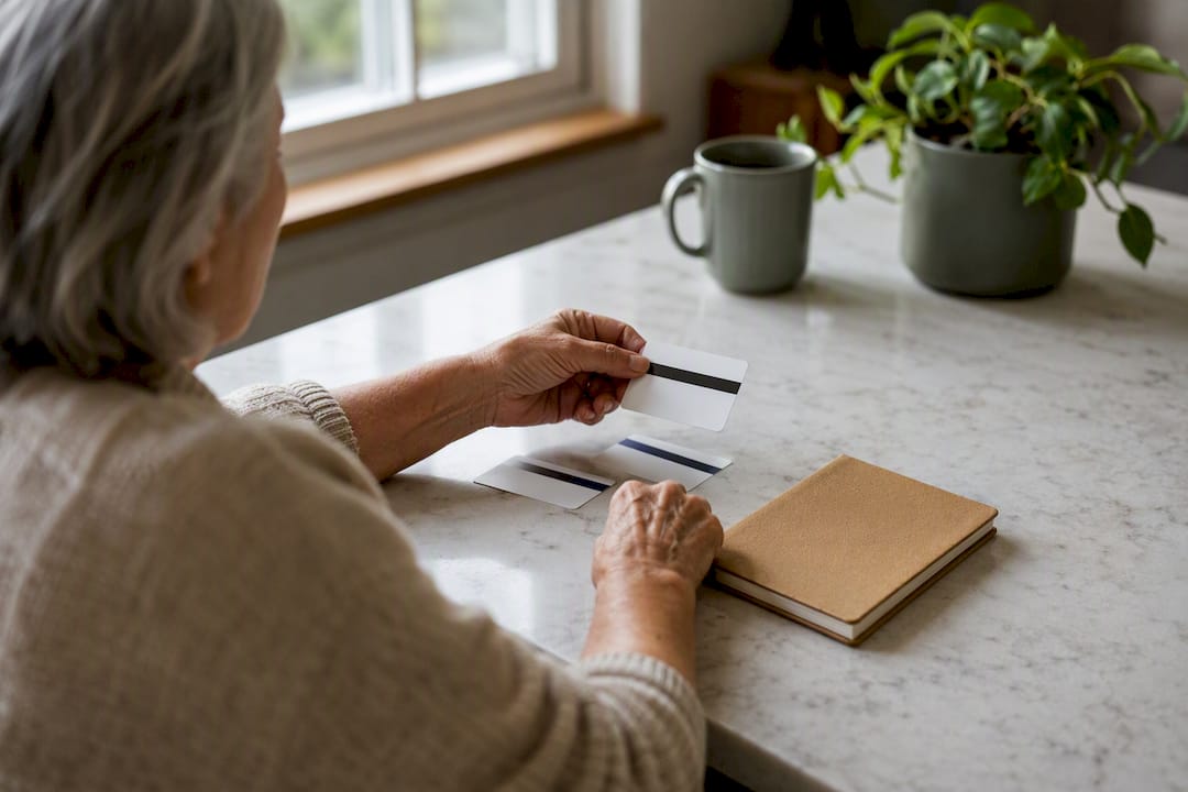 Senior organizing Medicare and HSA cards