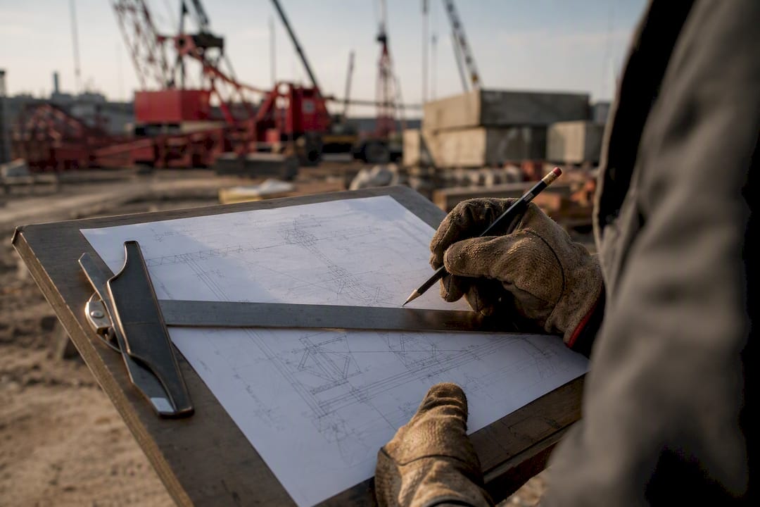 Worker marking load center of gravity on drawing