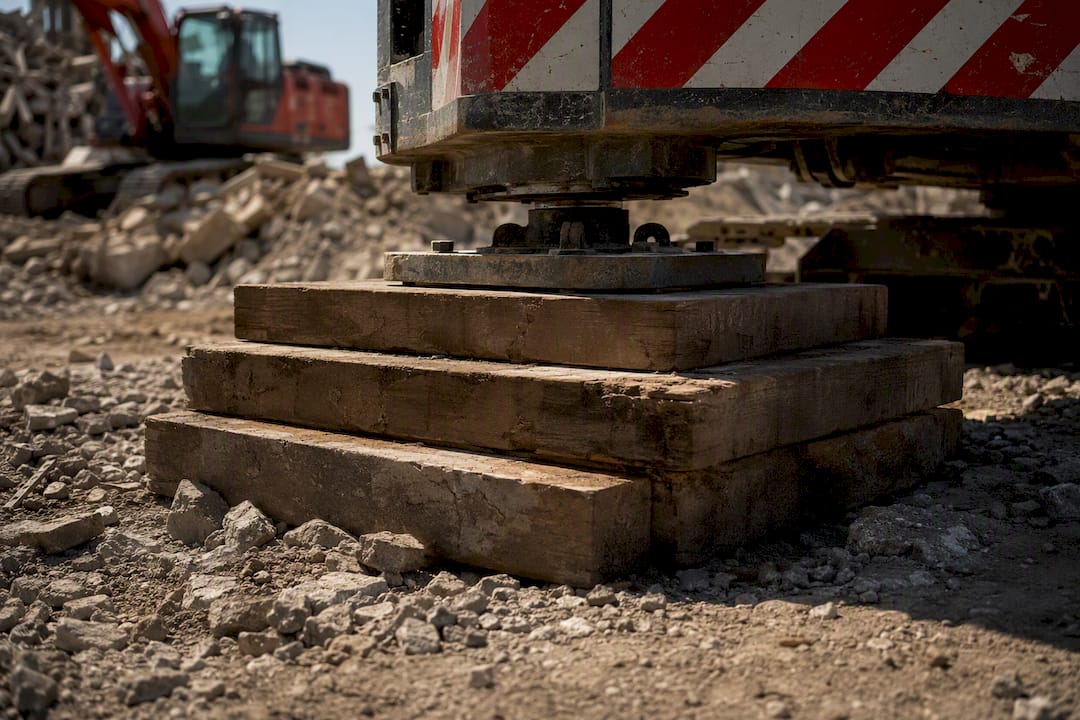 Crane outrigger pad on cribbing with measuring tape