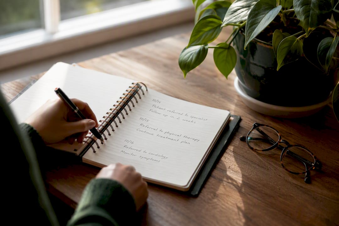 Notebook with medical referral notes and pen