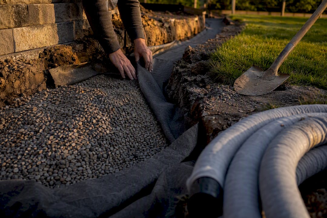 Installing geotextile and gravel base in trench