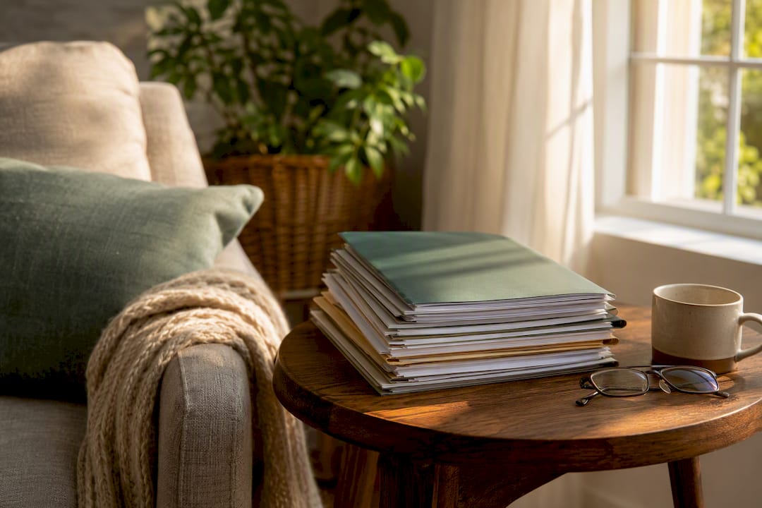 Organized home desk with insurance folder and calendar