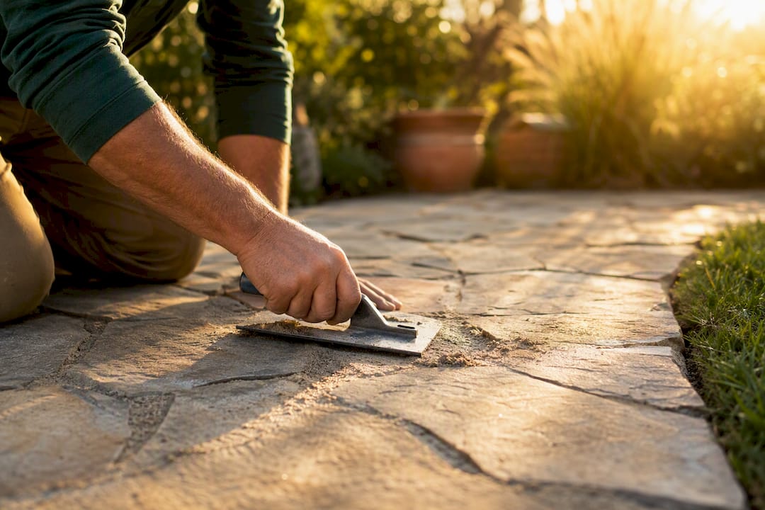 Hands sweeping polymeric sand into paver joints
