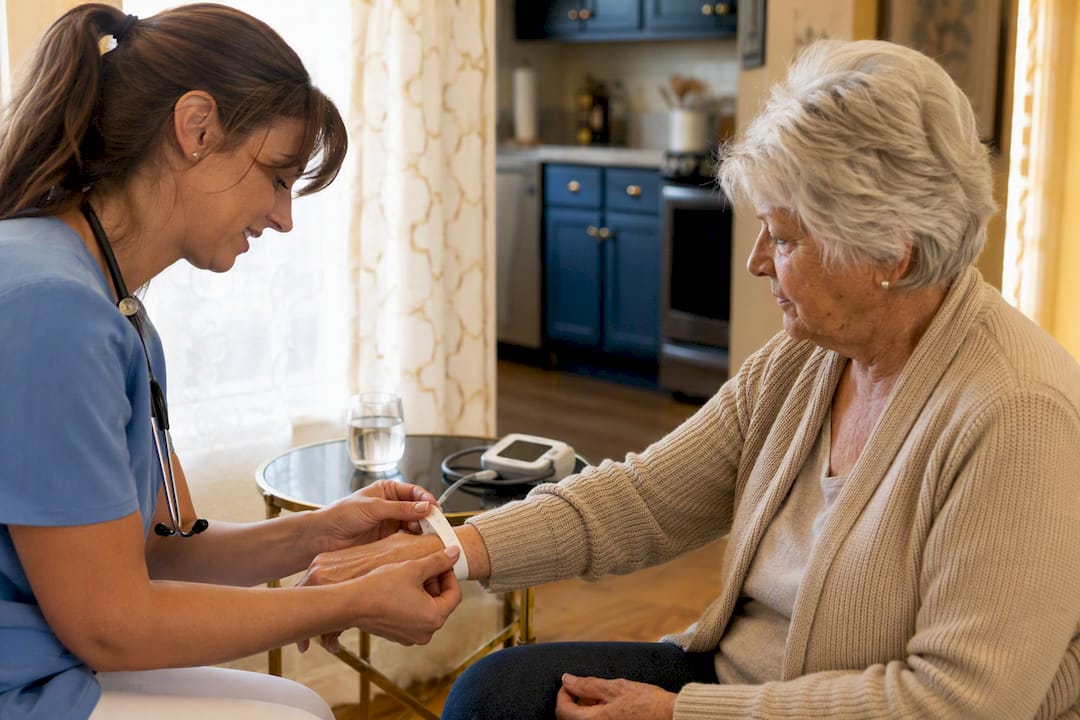 Nurse adjusting patient wristband during home visit