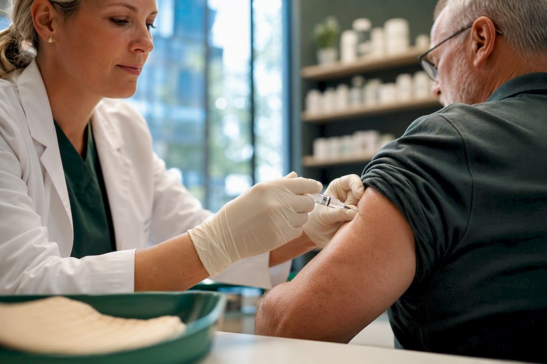 Pharmacist administering an adult RSV vaccination