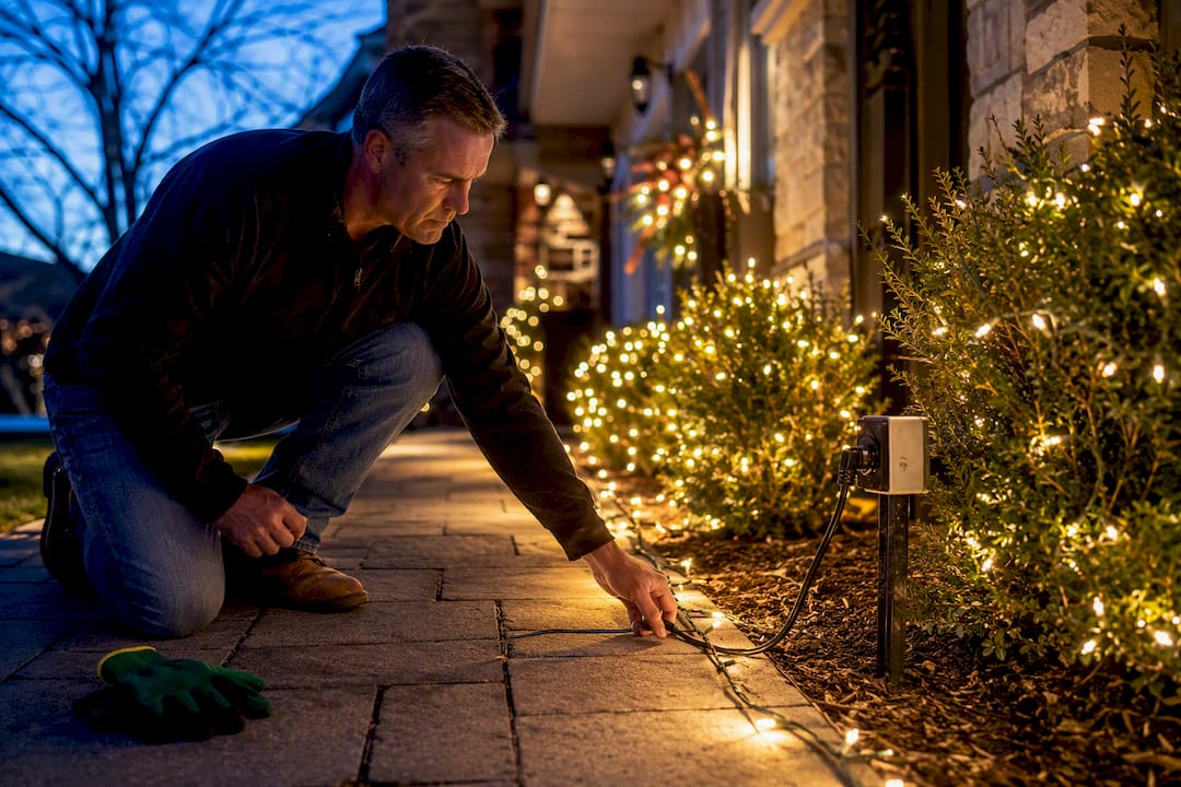 Homeowner inspecting safe outdoor Christmas lights