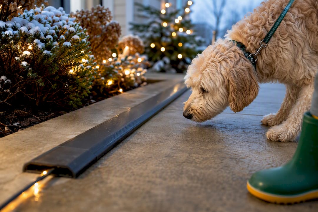 Dog near protected outdoor Christmas light cord