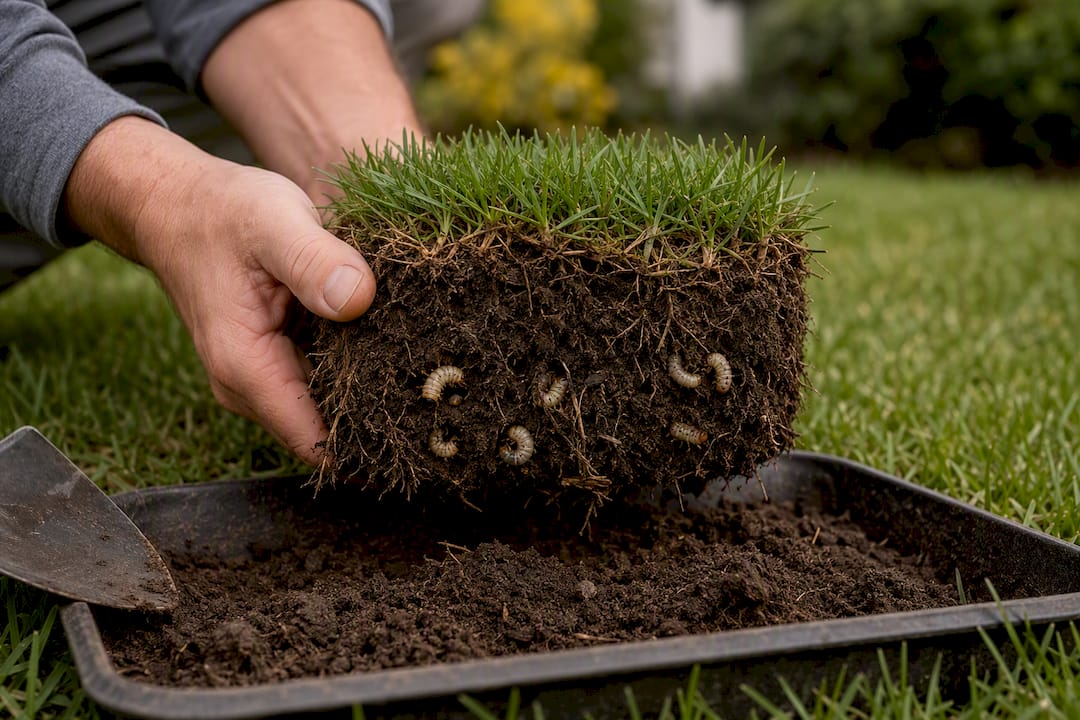 Hands inspecting grubs beneath lifted sod