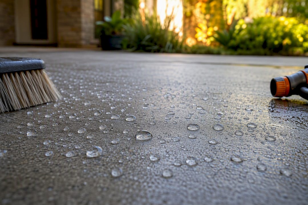 Water beads on sealed concrete patio
