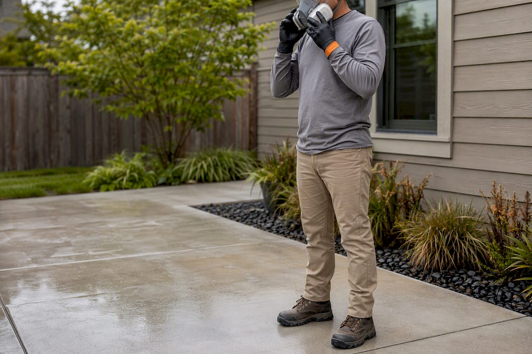 Worker wearing concrete sealer safety gear