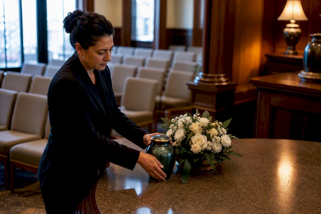 Funeral home memorial table with urn
