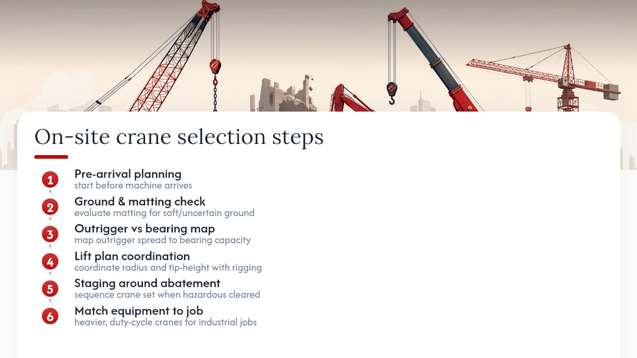 How a Demolition Contractor Actually Picks Cranes on Site — overview diagram