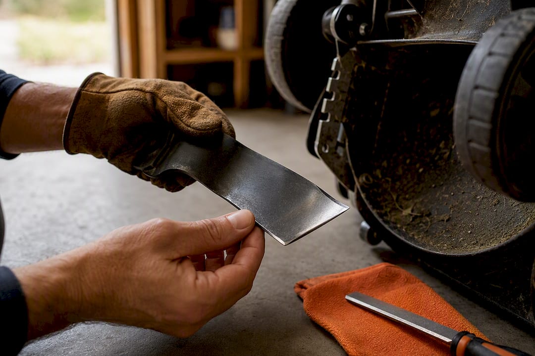 Close-up of mower blade inspection