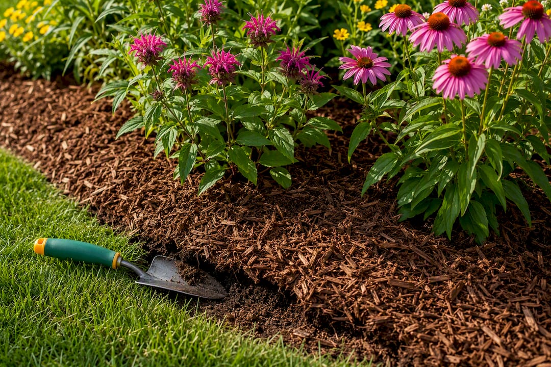 Mulch covering soil around native flowering plants