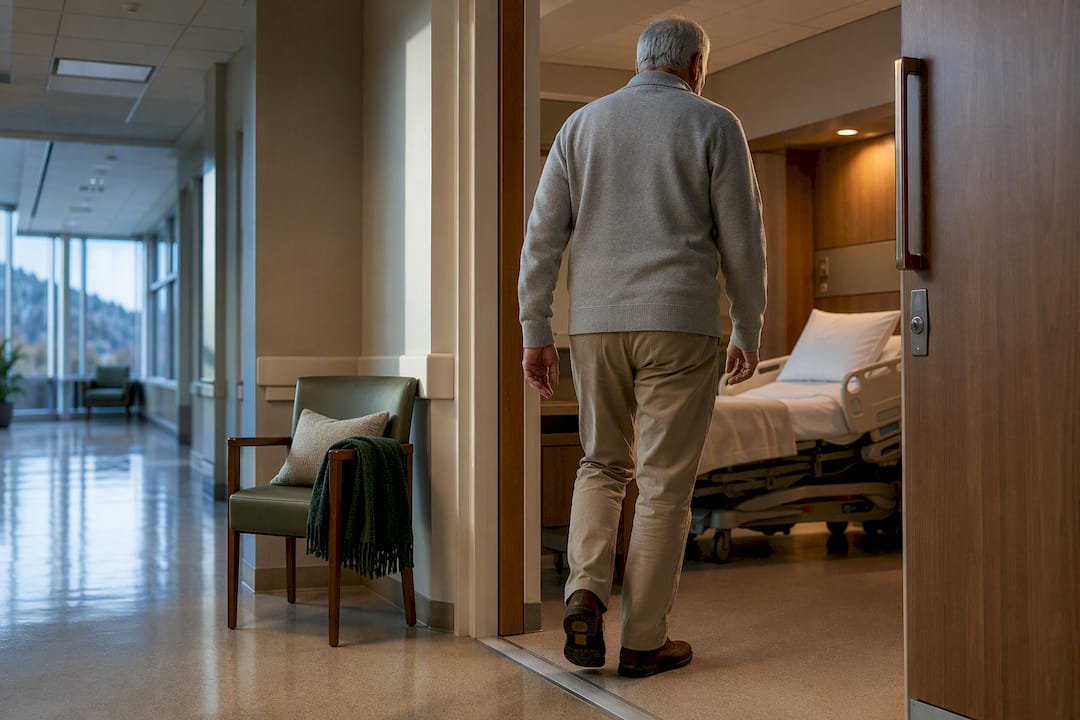 Senior entering hospital room for inpatient care