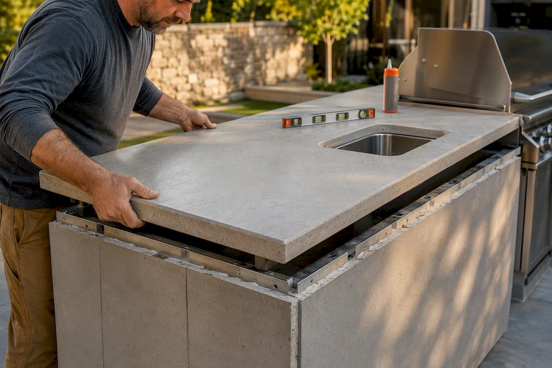 Installer aligning panel over outdoor kitchen frame