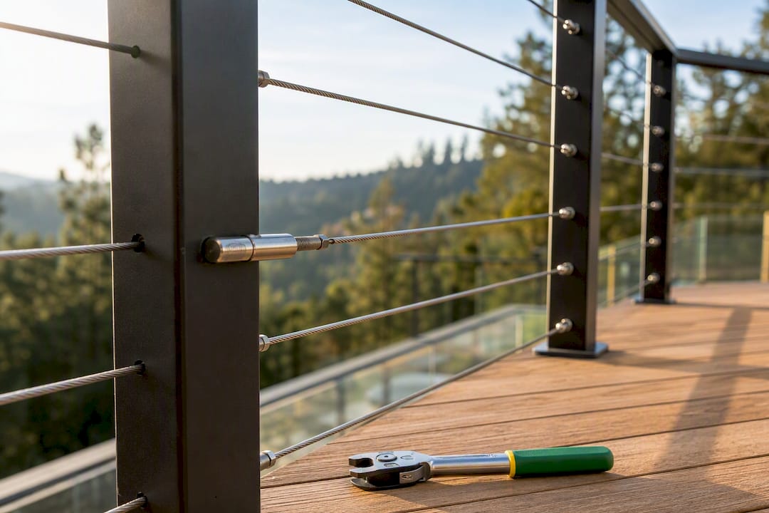 Stainless cable railing tensioner between posts