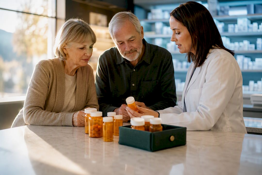 Couple reviewing prescription costs with pharmacist
