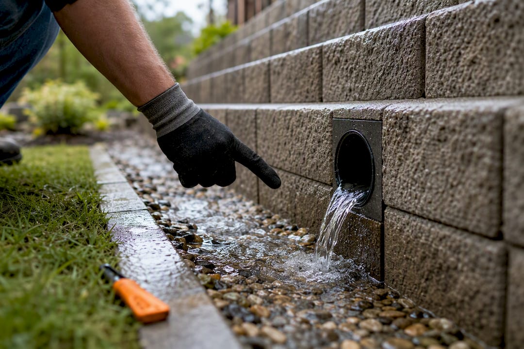 Water exiting retaining wall drain outlet