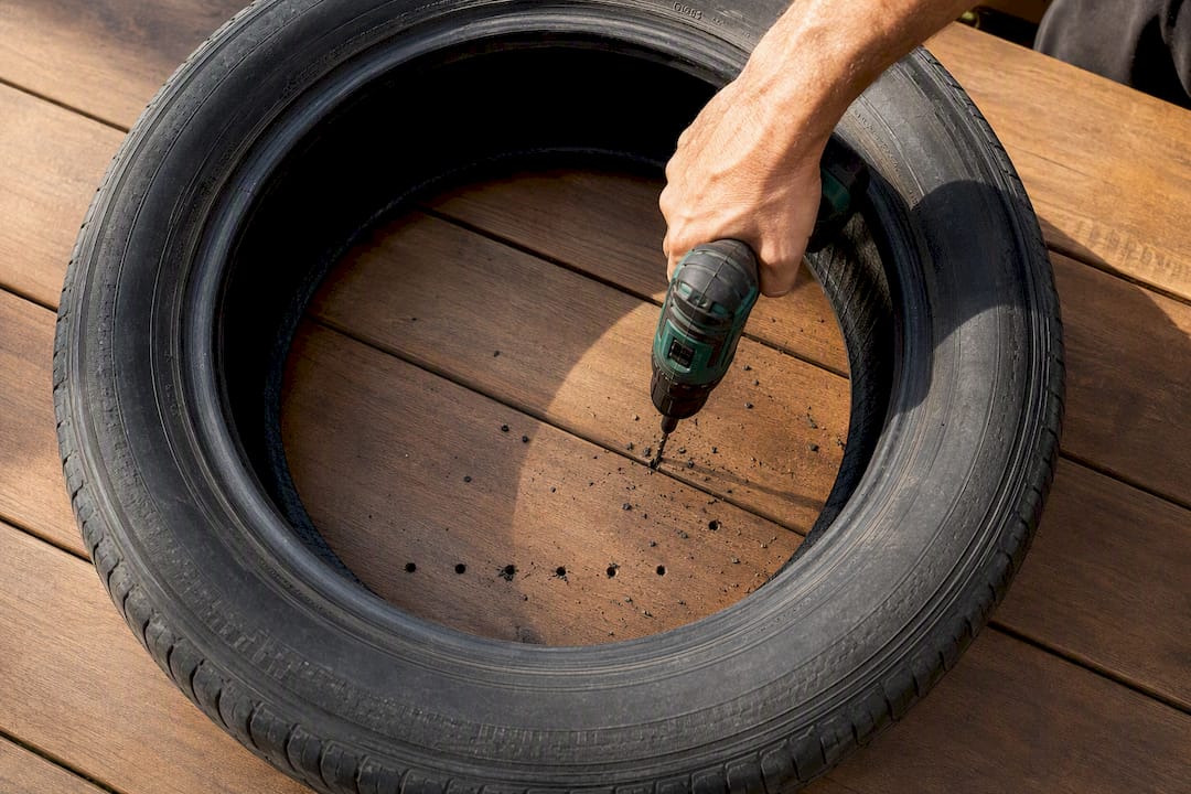Drilling drainage holes in a tire play feature