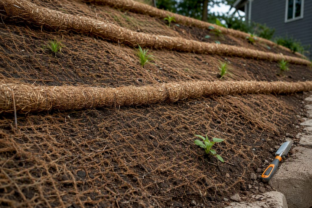 Coir netting and straw wattles protecting hillside soil