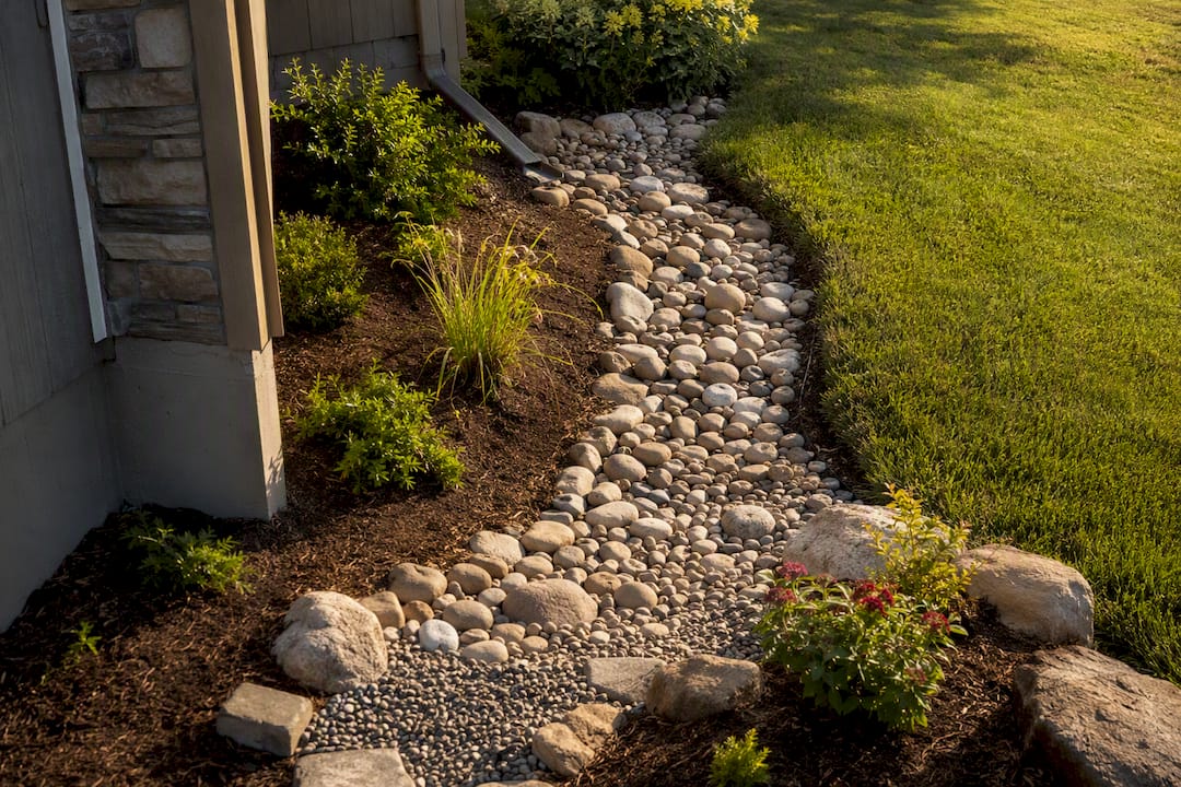 Dry creek bed directing runoff through sloped yard
