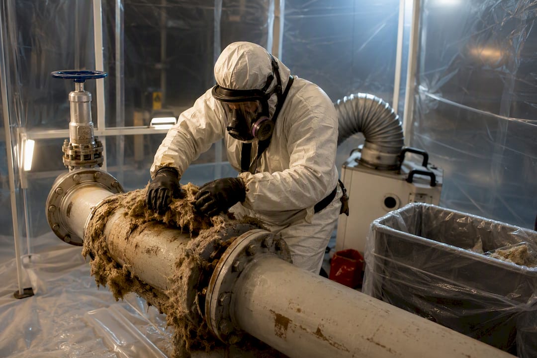 Worker removing hazardous insulation in containment