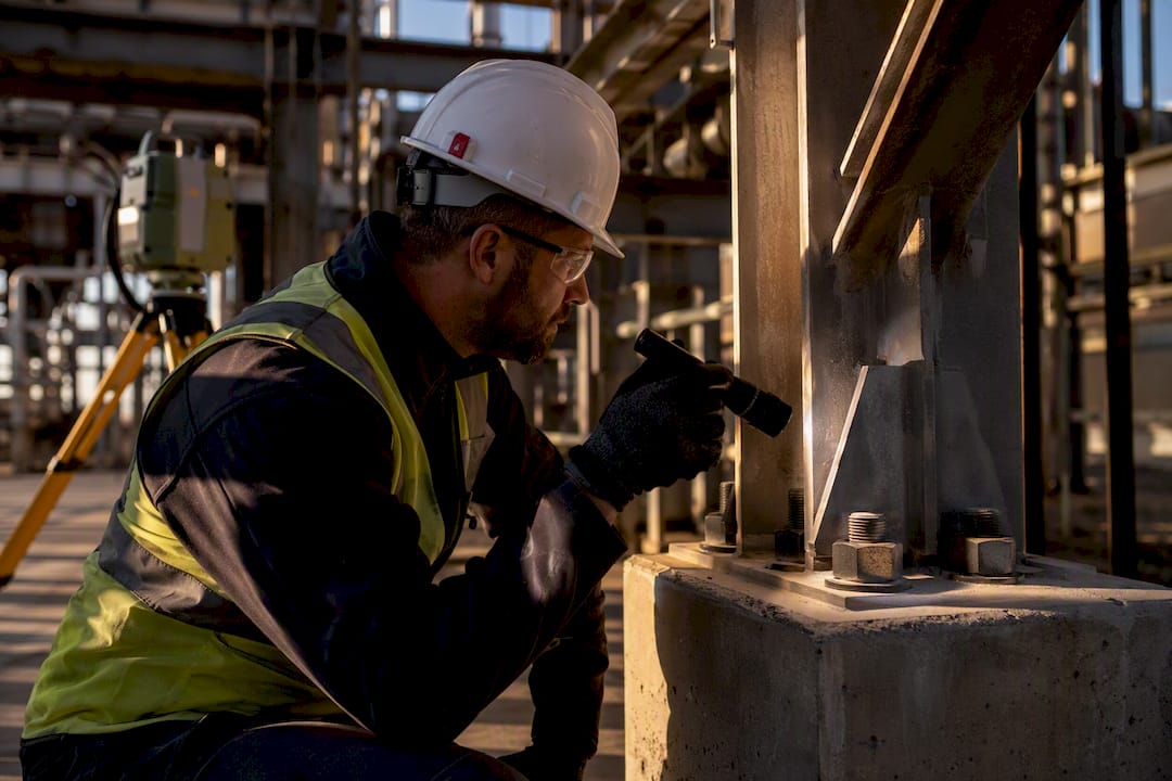 Engineer inspecting refinery structure before demolition