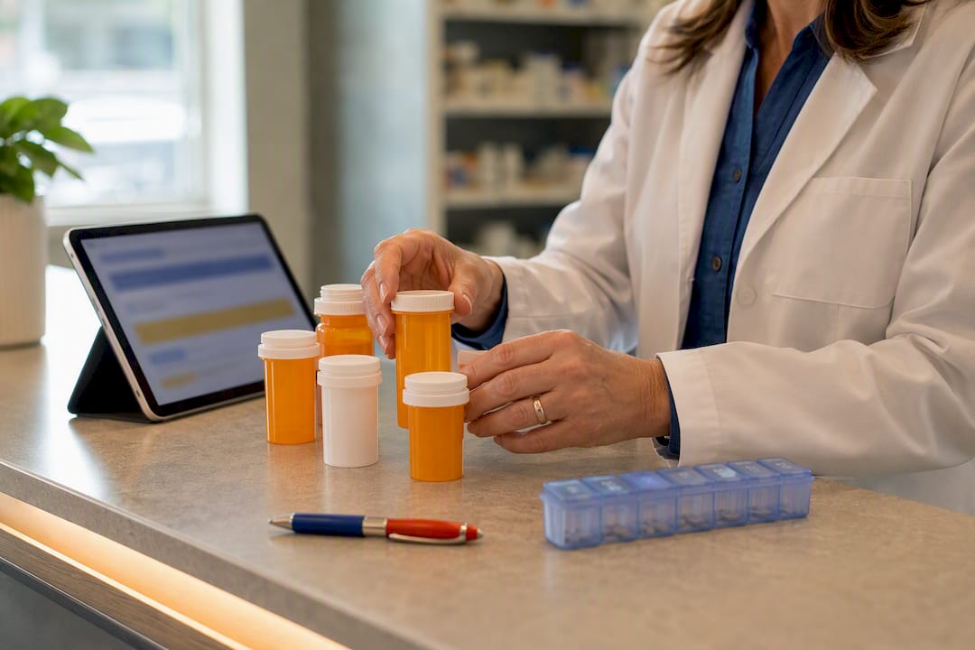 Pharmacist reviewing prescription medications