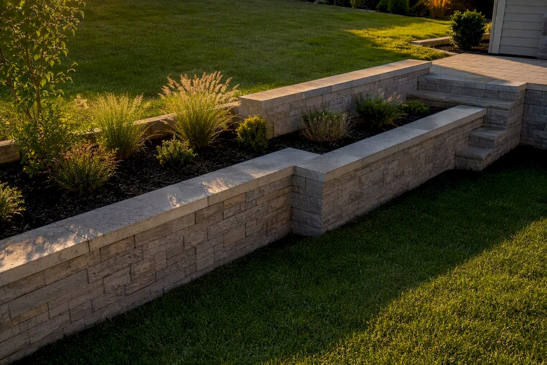 Terraced retaining wall with built-in seating