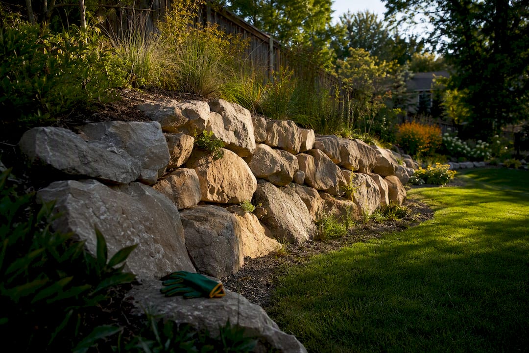 Boulder retaining wall in landscaped backyard